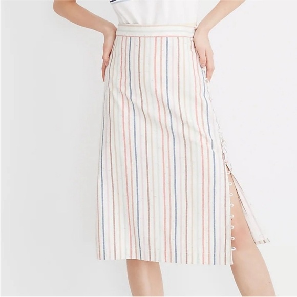 Madewell Button Slit Midi Skirt in Flecked Rainbow Stripe Cotton Size 4 - Picture 1 of 6